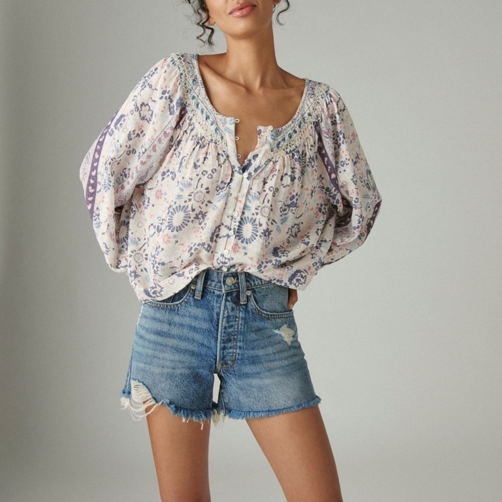 Lucky Brand Embroidered Balloon Sleeve Floral Boho Cotton Modal Blouse XS